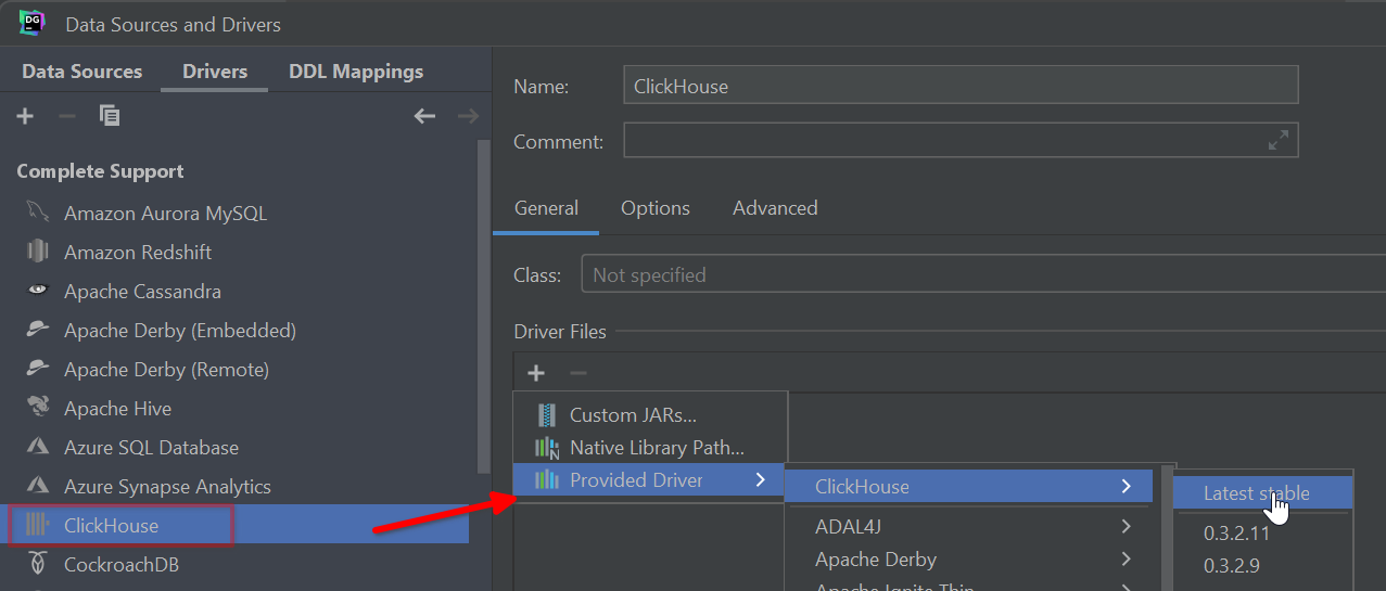 Вкладка Drivers в DataGrip с установкой драйвера ClickHouse